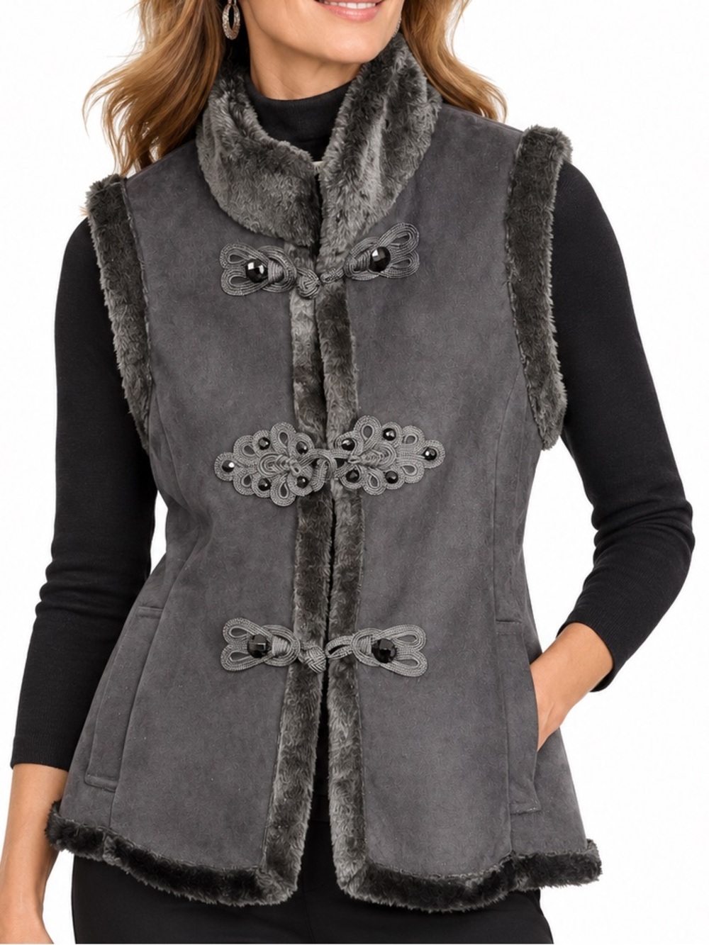 Coldwater Creek faux Shearling suede Vest Decorative Frog Closures black Sz L
